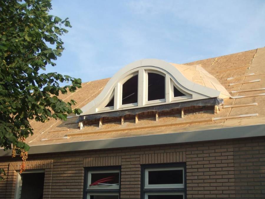 Aanbouw met rieten dak en ronde dakkapel